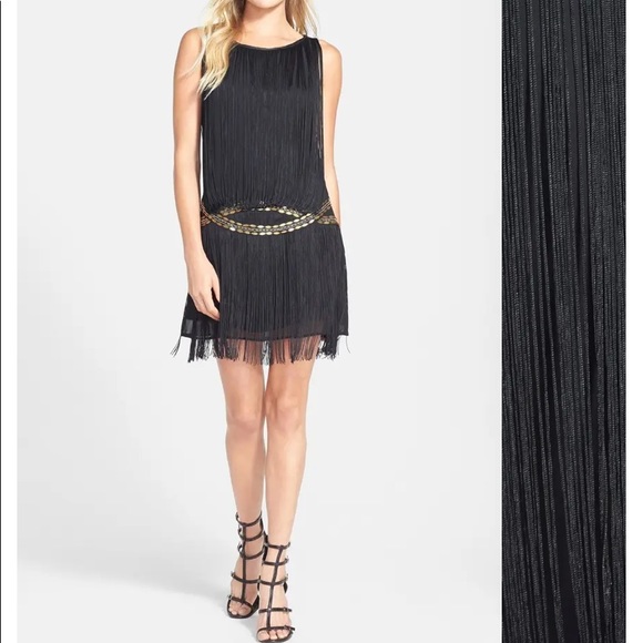 Filtre Fringe Gold Embellished Drop Waist Shift Mini Dress - Picture 4 of 10
